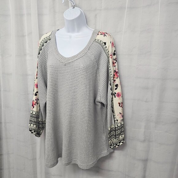 Alchemy Thread Gray Thermal Mixed Media Blouse Floral Boho XL - Picture 5 of 11